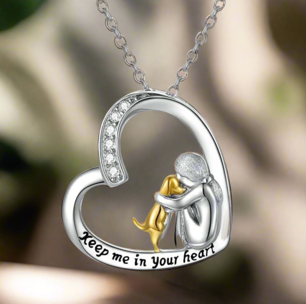 925 Sterling Silver Necklace - Heart and Dog Design with Zirconia