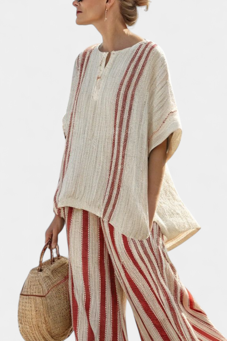 Stunning red striped natural texture two-piece Daisy suit