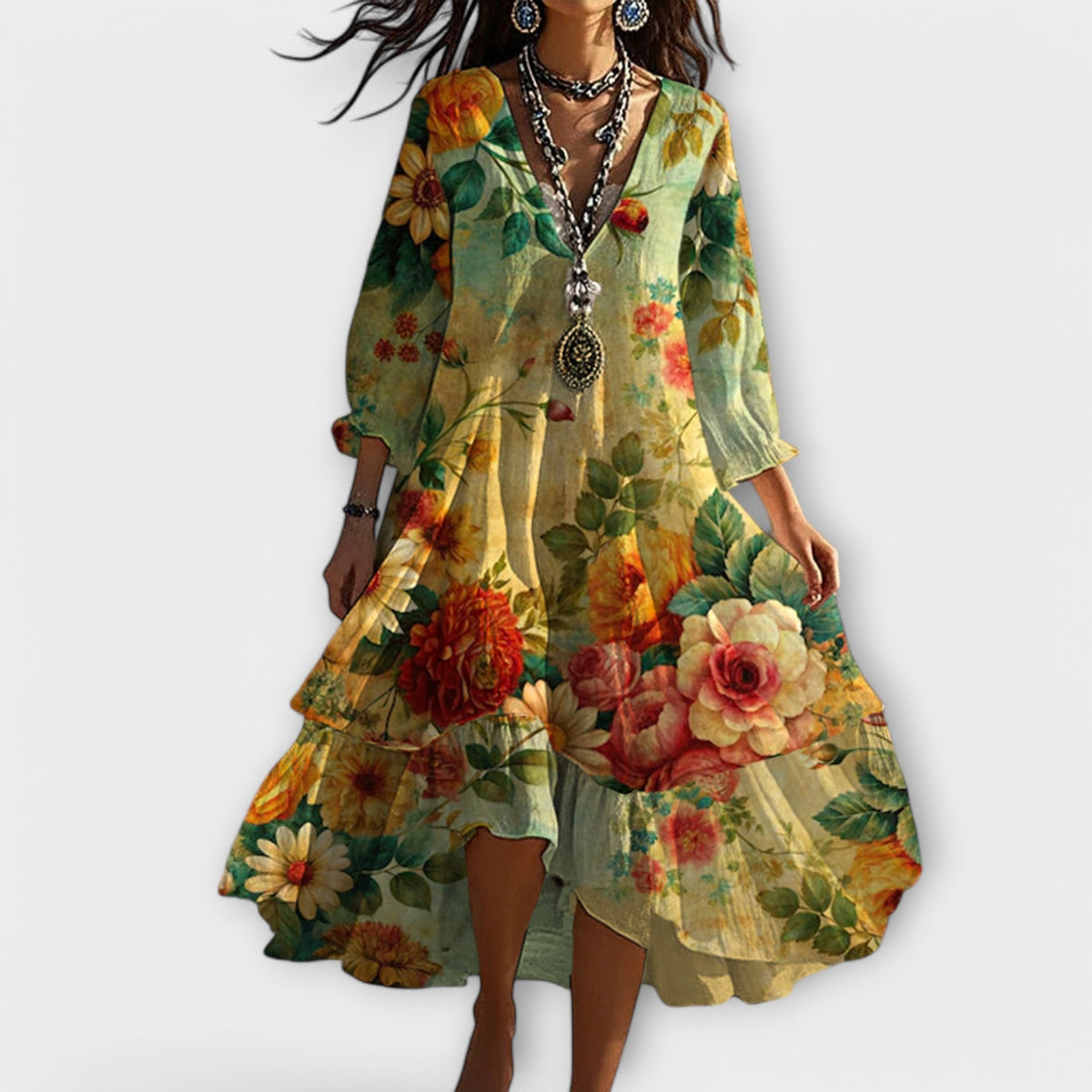 Marina - Vintage Boho Virágmintás V-nyakú Ruha