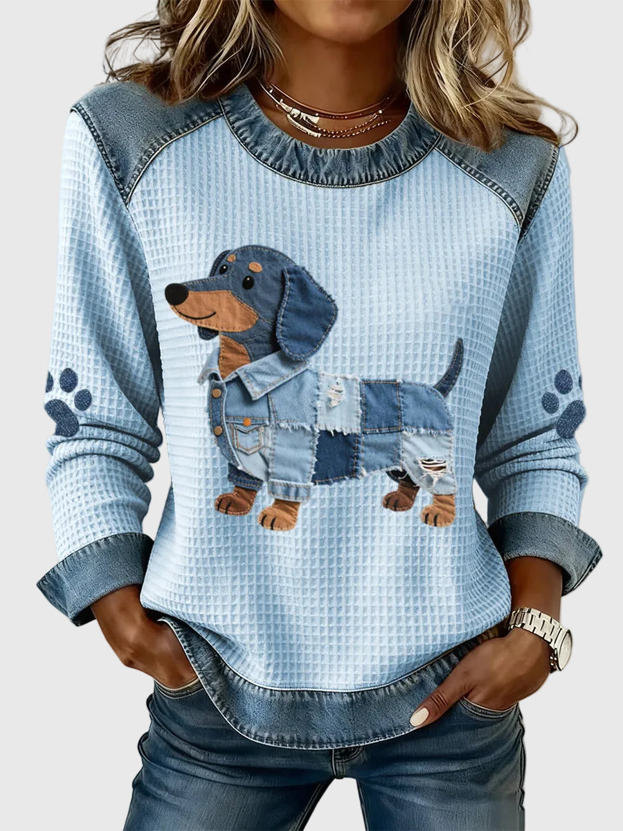 Nuria - Charming Dachshund with patchwork jeans
