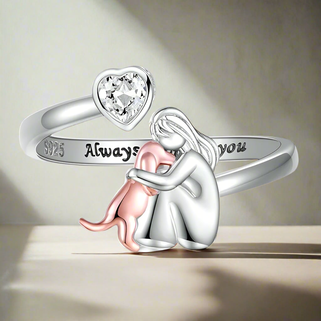 Adjustable Dog Ring in 925 Sterling Silver - "Always in My Heart" with Zirconia